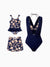 Mommy & me Floral Print Swimsuits 2-in-1 One-Piece Swimsuit & Swim Trunks Deep Blue