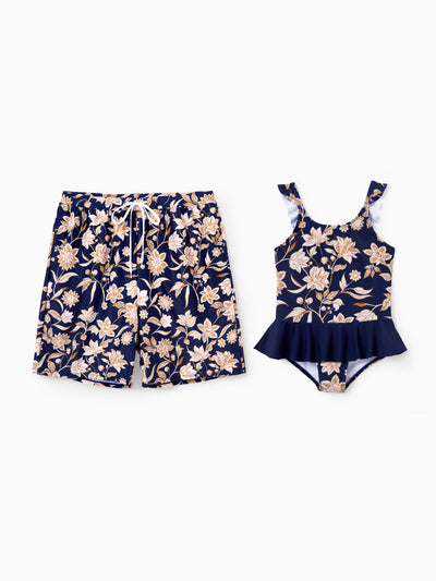 Daddy & Daughter Floral Print Swimsuits 2-in-1 One-Piece Swimsuit & Swim Trunks Deep Blue