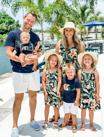 Family Matching Sets Floral Panel Short-sleeve T-shirts or All Over Floral Print V Neck Spaghetti Strap Midi Dresses with Hidden Snap royalblue