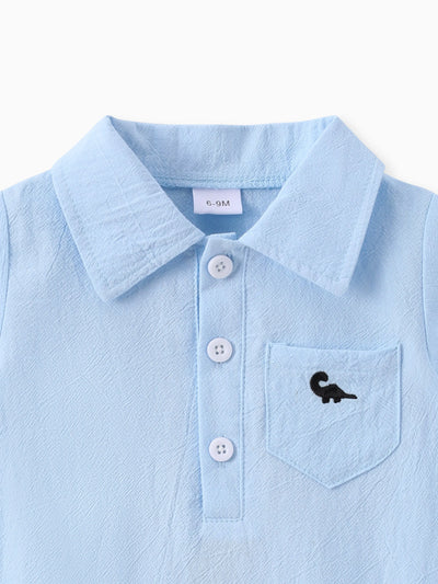 Baby Boy 100% Cotton Front Buttons Pocket with Dinosaur Pattern Lapel Neck Solid Jumpsuit Blue