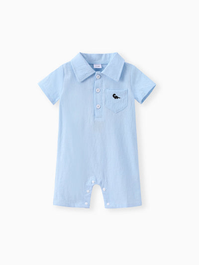 Baby Boy 100% Cotton Front Buttons Pocket with Dinosaur Pattern Lapel Neck Solid Jumpsuit Blue