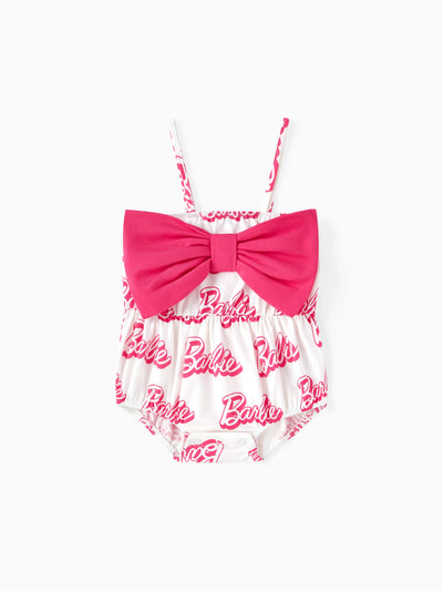 Barbie Baby Girl 95% Cotton Allover Letter Print Bow Front Cami Romper PinkyWhite