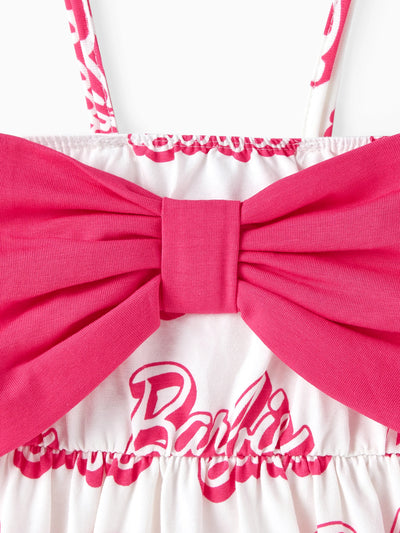 Barbie Baby Girl 95% Cotton Allover Letter Print Bow Front Cami Romper PinkyWhite