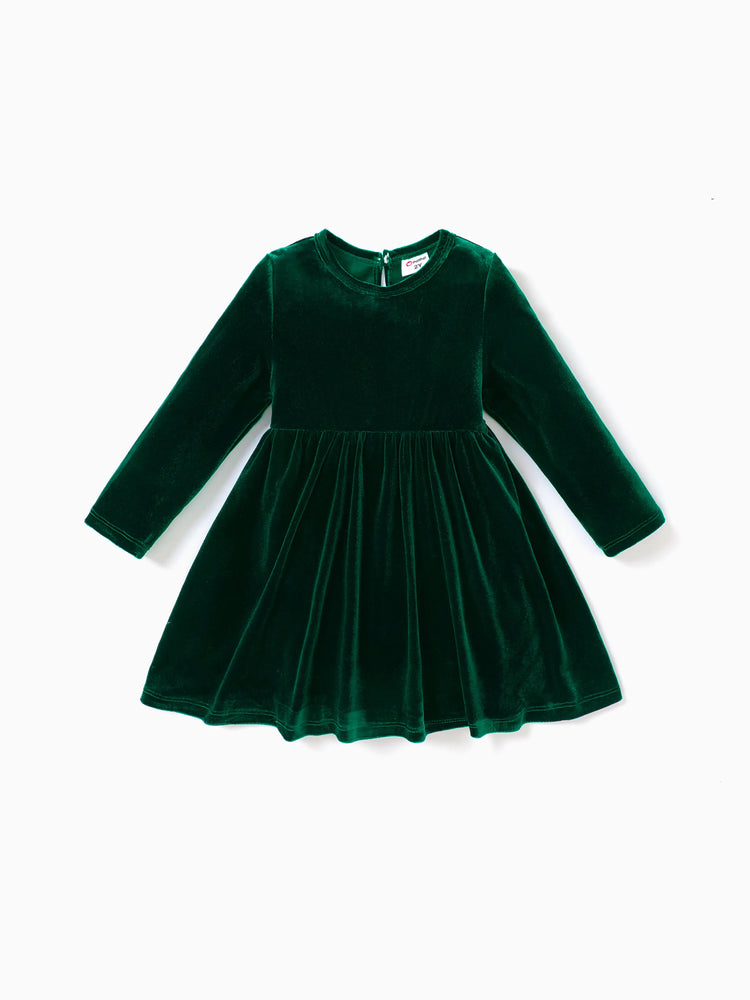 Christmas Sweet Toddler Girl Solid color Velvet material Dress Set Green