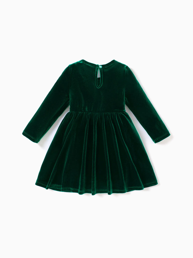 Christmas Sweet Toddler Girl Solid color Velvet material Dress Set Green