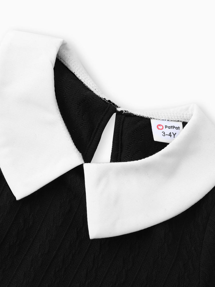 Kid Girl Avant-garde Solid Color Lapel Design Long Sleeve Dress Black