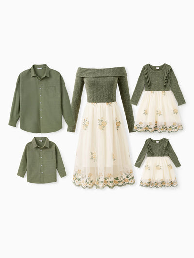 Family Matching Sets Green Long Sleeves Shirt or Ribbed Off-Shoulder Embroidered Tulle Dress Green