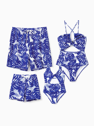 Family Matching Tropical Leaf Print Swim Trunks or Hollow-out Crisscross Straps One-piece Swimsuit Blue