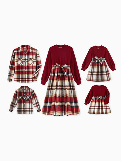 Family Matching Solid Ribbed Spliced Plaid Belted Dresses and Long-sleeve Button Up Shirts Sets MAROON
