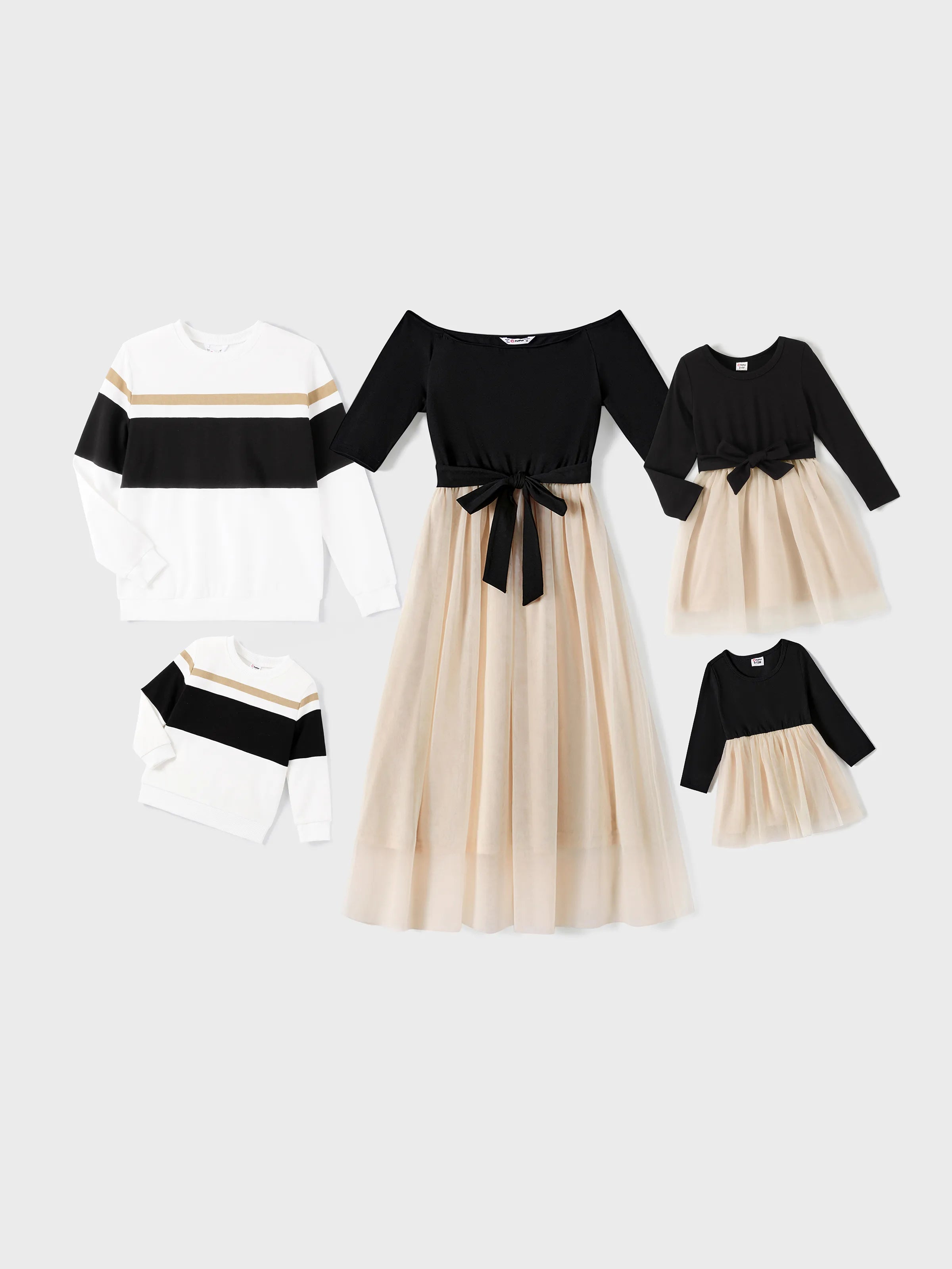 Family Matching Black-Almond Mesh Skirt and Classic Round Neck Long Sleeve Tops Sets Black
