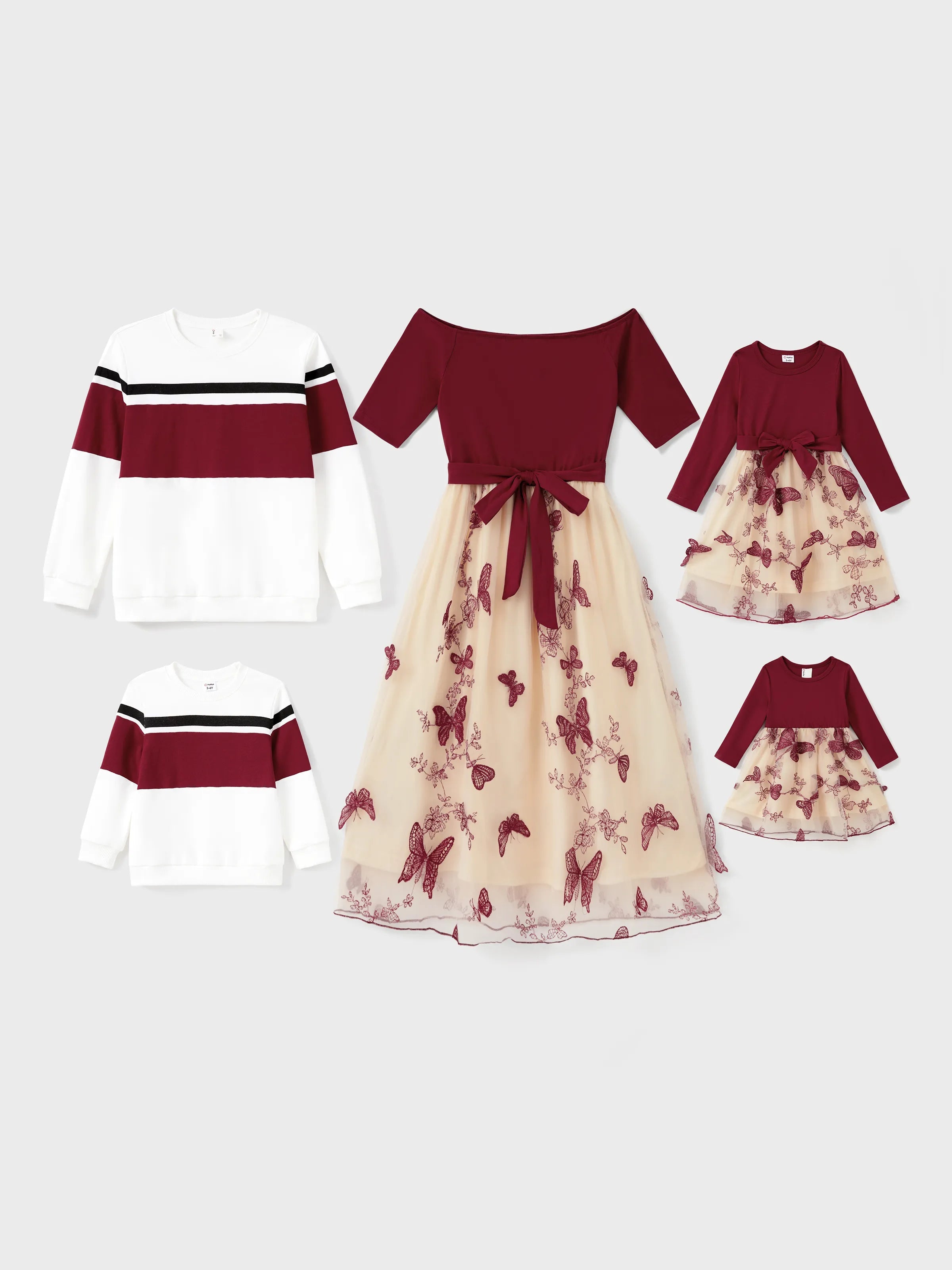 Family Matching Sets Long Sleeves Sweatshirt or Off-Shoulder Butterfly Embroidered Tulle Dress Burgundy