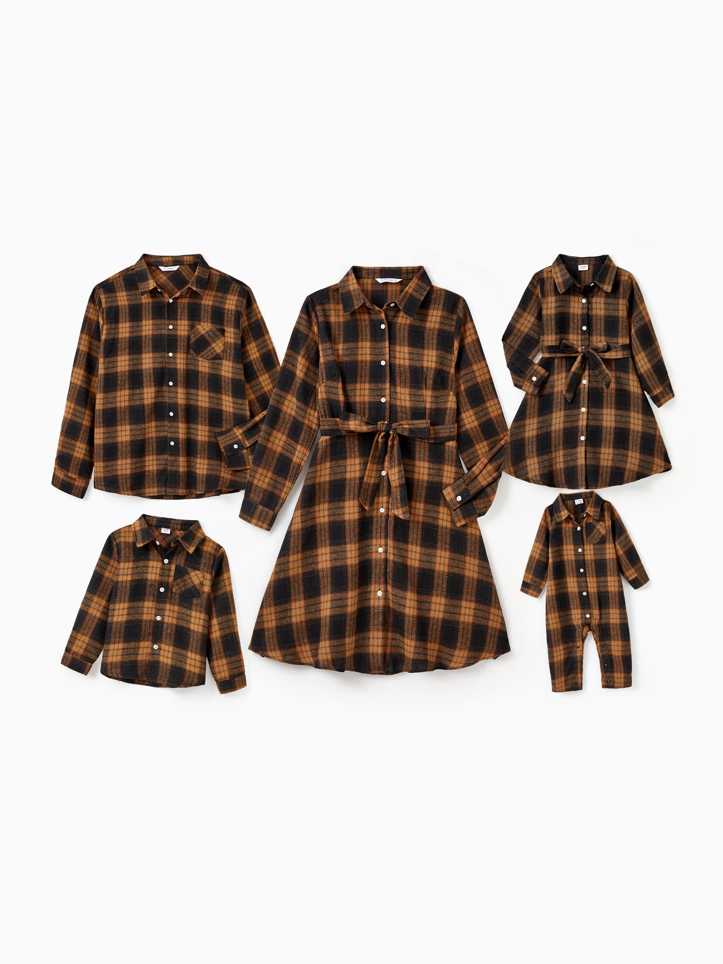 Christmas Family Matching Sets Brown&amp;Black Check Plaid Long-sleeve Button Down Top/Dress/Romper BrownishBlack