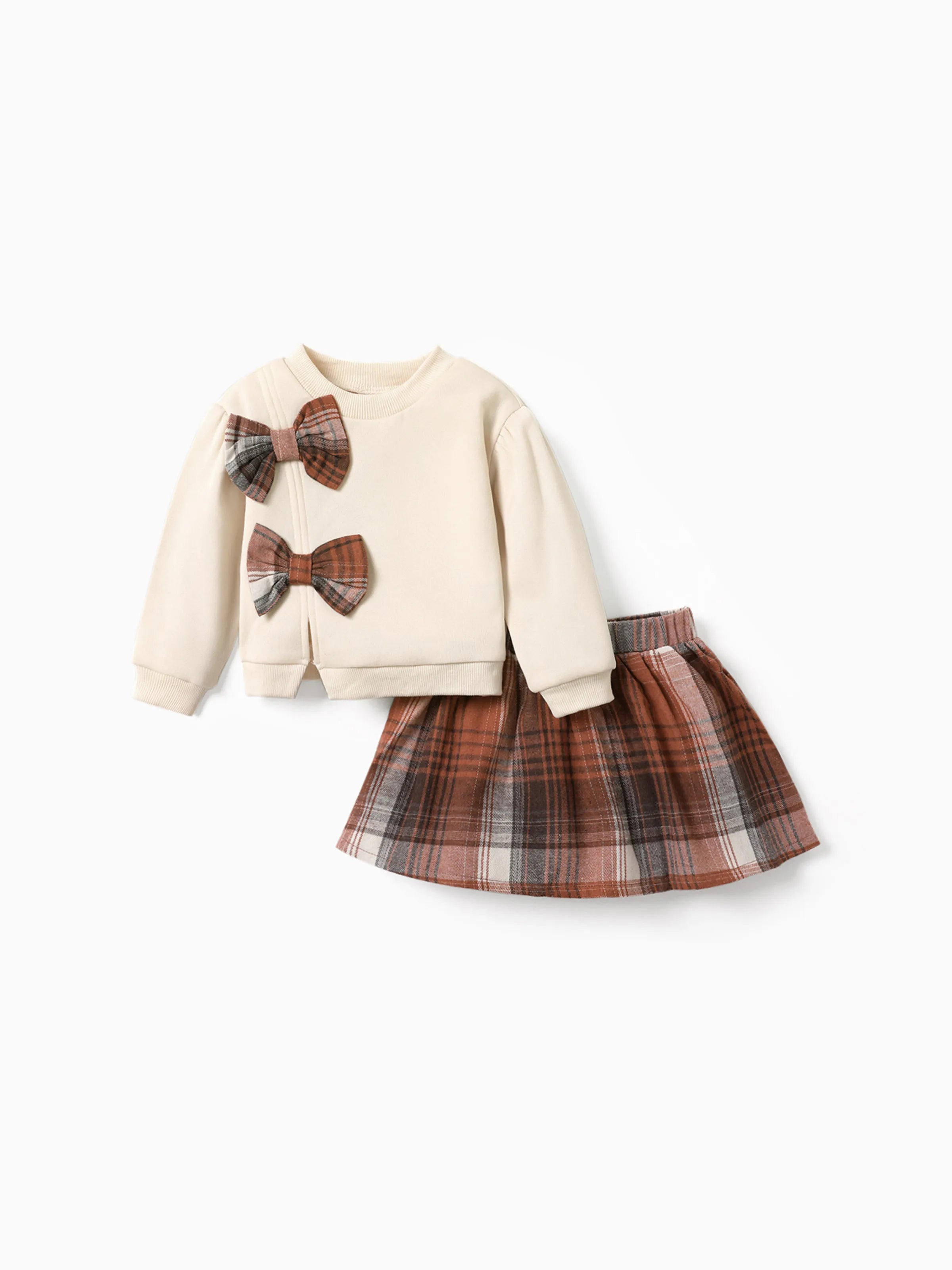Cute Spring Outfits for Girls The 2-piece Toddler Girl Bowknot Design Sweatshirt and Plaid Skirt Set in Apricot