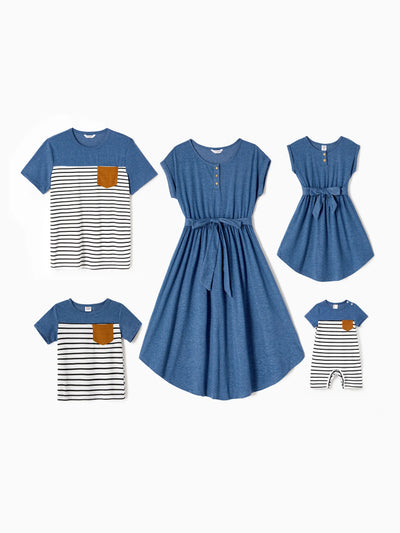 Family Matching Soft Casual Outfit with Below Knee Dresses, Front Buttons, Belted Design Blue
