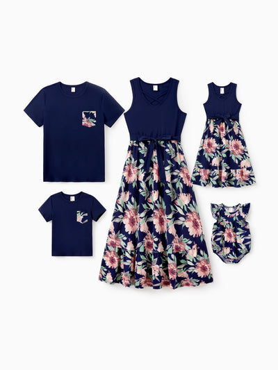 Family Matching Blue Cotton Tee and Flora Splicing Tank Top Dress Sets Deep Blue
