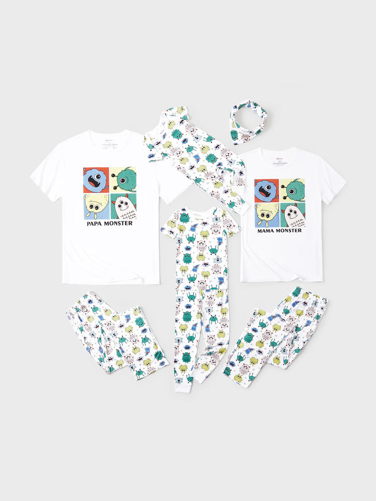 Bamboo Family Pajamas Cute Little Monster Print Short-sleeve Matching Pajama Set ( Snug-Fitting for Children ) White