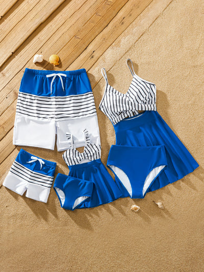 Matching Family Swimsuit Colorblock Drawstring Swim Trunks or Striped Blue Spliced Tankini with Cross-Front, Tie-Back, and Thin Straps Color block