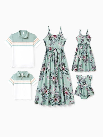 Toddler/Kid Girl Sets Flora Print Strap Belted Dress Light Green