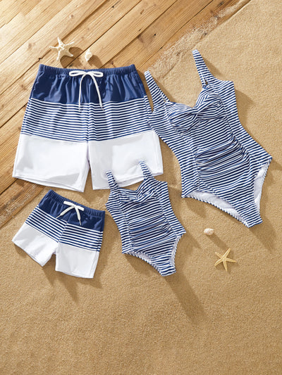 Family Matching Stripe Swim Trunks or One-piece Strap Swimsuit Dark Blue+white