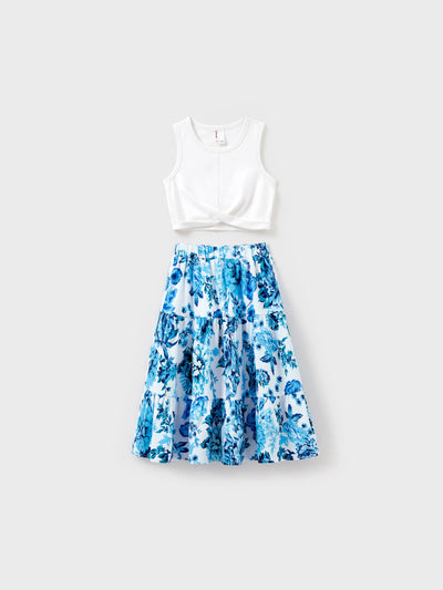 Toddler/Kid Girl Outfits White Camisole Top and Blue Floral Print Skirt Co-ord Set Blue