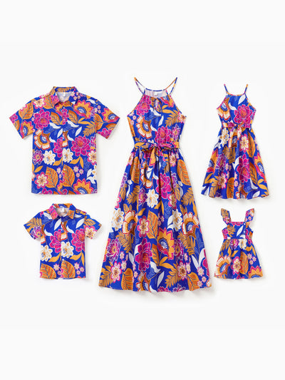 Family Matching Hawaiian Outfits Tropical Floral Print Vacation Clothes Strap Belted Dress or Short-sleeve Shirts Summer Beachwear Set Navy