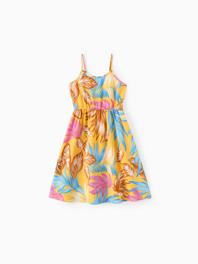 Toddler/Kid Girl Yellow Set Tropical Leaf Print Strap Dress  Yellow