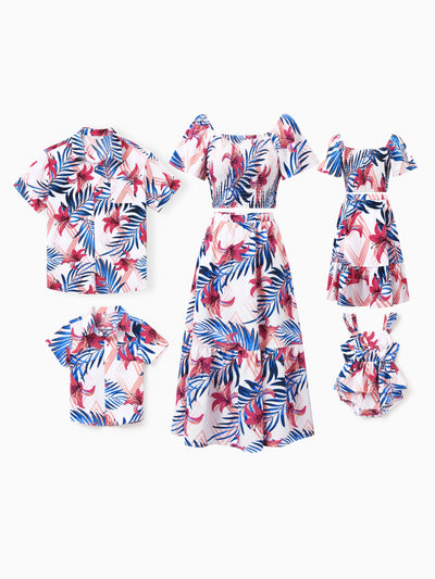 Tropical Floral Family Matching Outfits Pink Blue Leaf Print Short-sleeve Shirt or One Shoulder Smocked top and Skirt Co-ord Set for Vacation, Cruise, Beach White