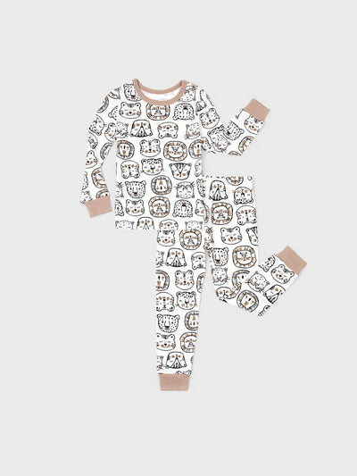 Snug-fitting two-piece bamboo pajamas with childlike animal print, khaki, baby/toddler.