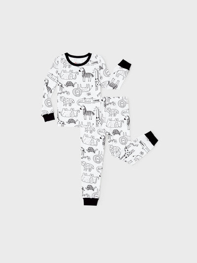 Snug-fitting two-piece bamboo pajamas with childlike print, black, baby/toddler.