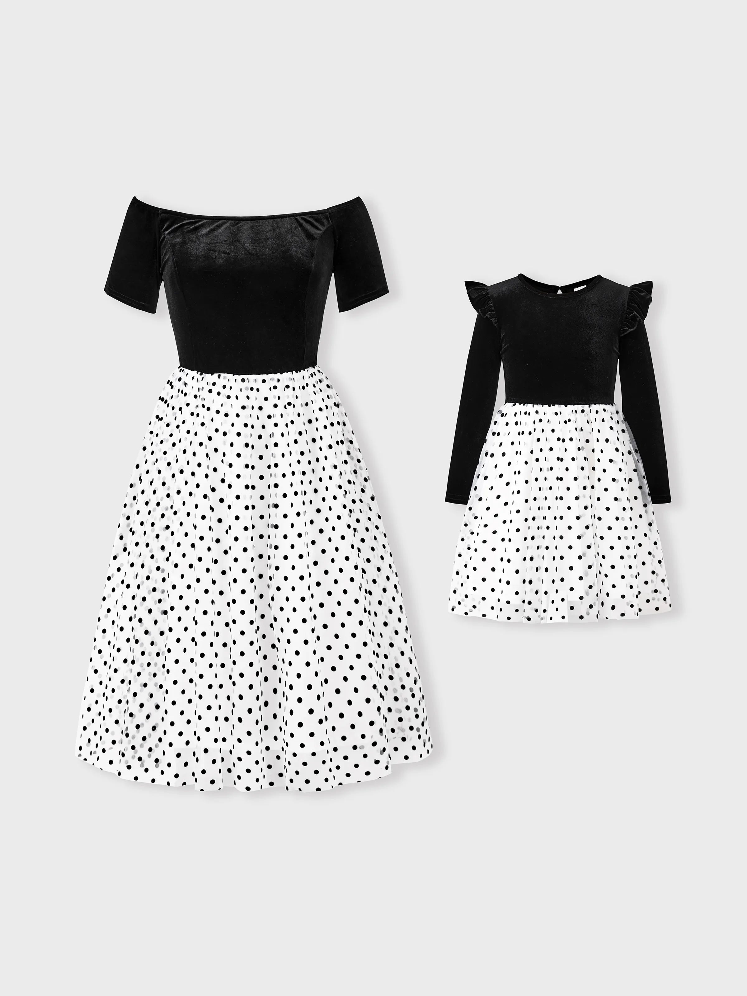 Mommy and Me Dresses with Black Velvet Top Spliced Polka Dot Tulle