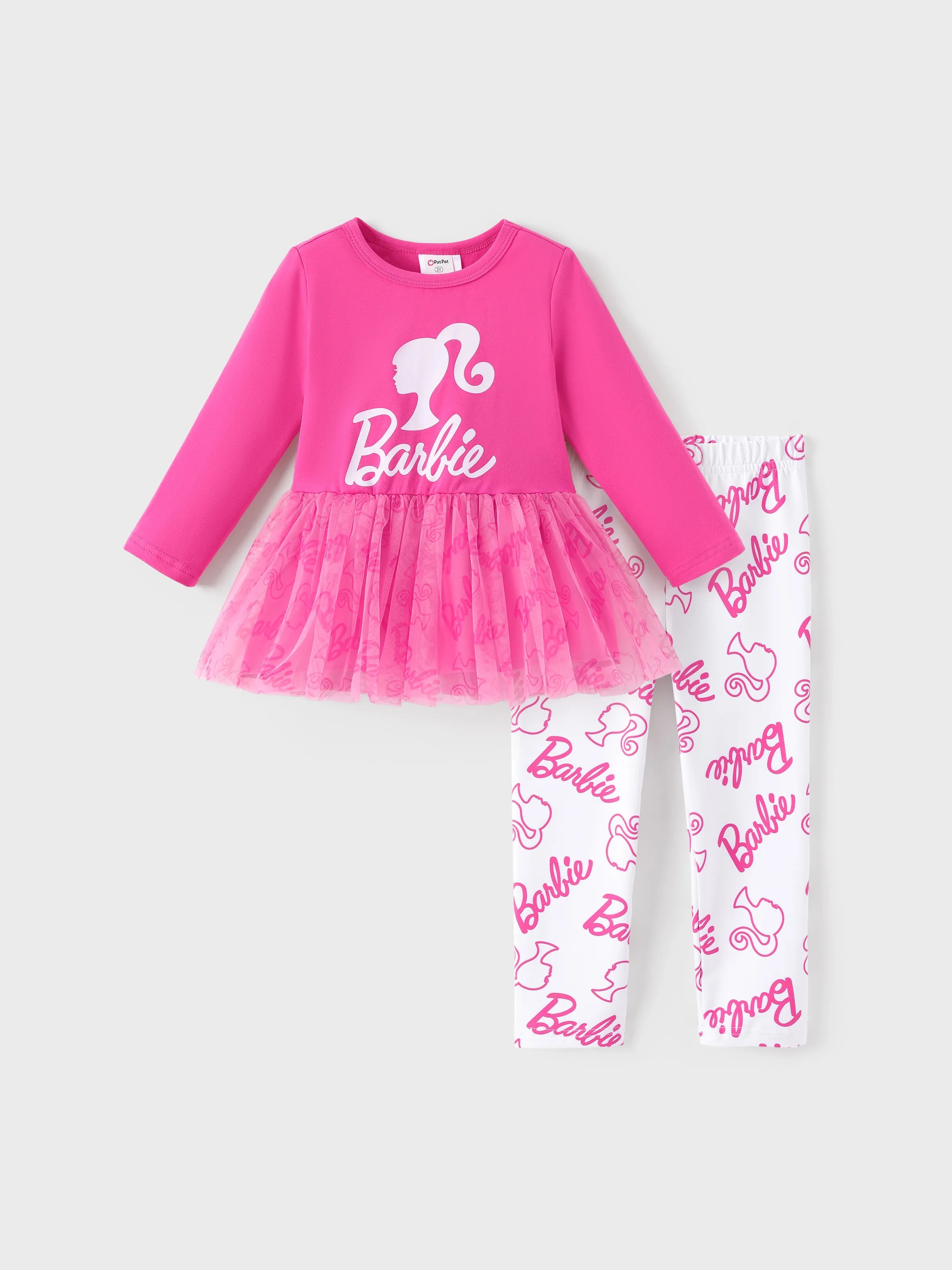 Cute Spring Outfits for Girls The Barbie Toddler Girl 2pcs Cotton Crepe Long-Sleeve Top and Printed Pants Sets in Hot Pink