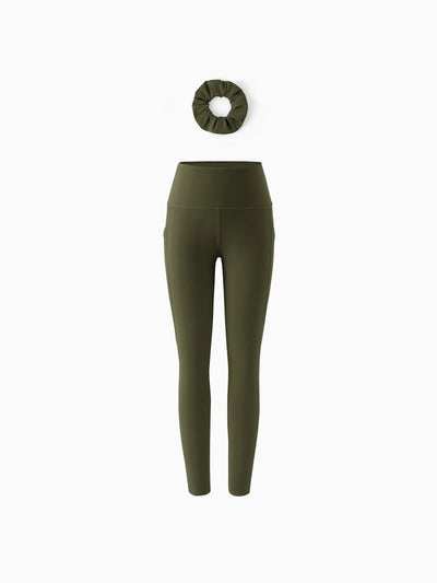 Girl's Leggings High-Waist Yoga Pants Solid Color Leggings with Complimentary Matching Scrunchie Army green