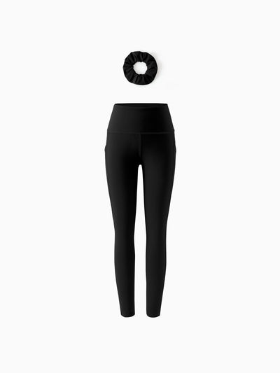 Girl's Leggings High-Waist Yoga Pants Solid Color Leggings with Complimentary Matching Scrunchie Black