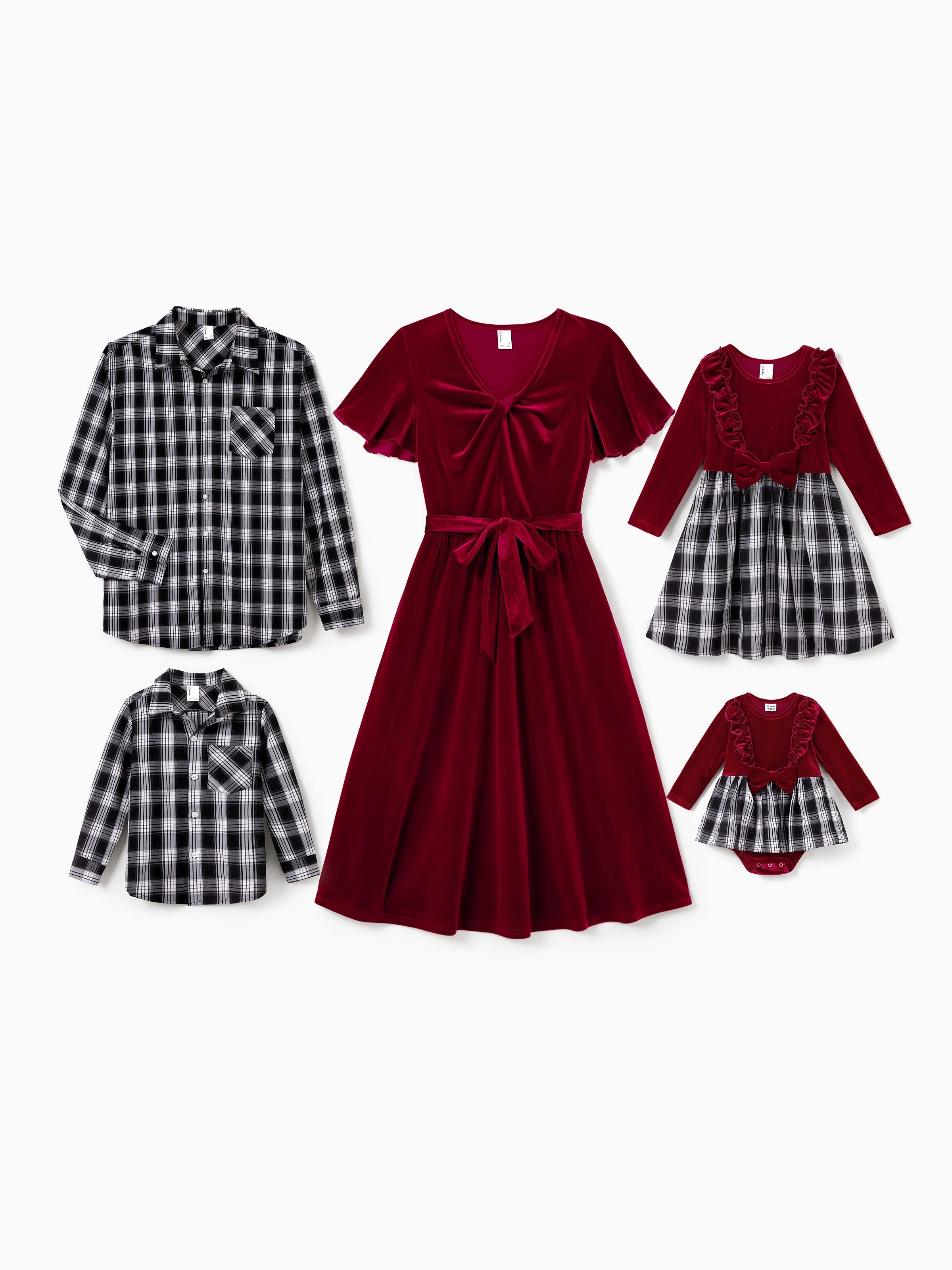 Family Matching Sets Long Sleeves Black and White Plaid Sweatshirt or Velvet Short-sleeve Belted Dress Burgundy