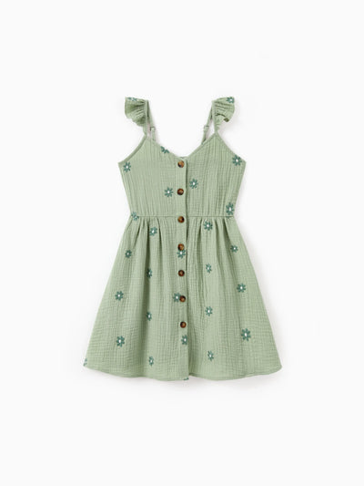 Toddler/Kid Girl Floral Cotton Dresses for Button-Down Smocked Floral Strap Ruffle Dress with Bow, Perfect for Summer Family Outings & Photos Pale Green