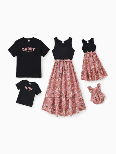 Funny Family Matching Cotton T-Shirt & Dress Set Daddy / Mini Print Black Tee for Dad and boy, Floral Print splicing Dress for Mom, girl and Baby, Perfect for Summer Family Outings Black