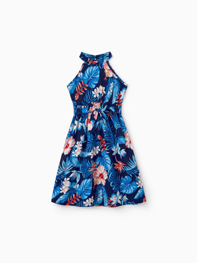 Toddler/Kid Girl Vacation Tropical Floral Print Halter Dresses, Perfect for Summer Holidays & Family Photos Deep Blue