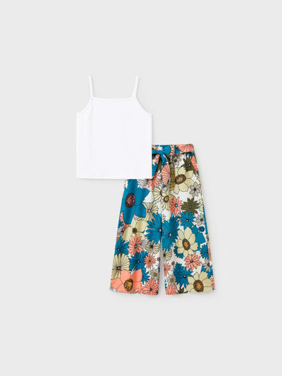 Toddler/Kid Girl Set Short-sleeve Collar Shirt and Flower Wide-leg Pants Set for Summer Vacation  Multi-color