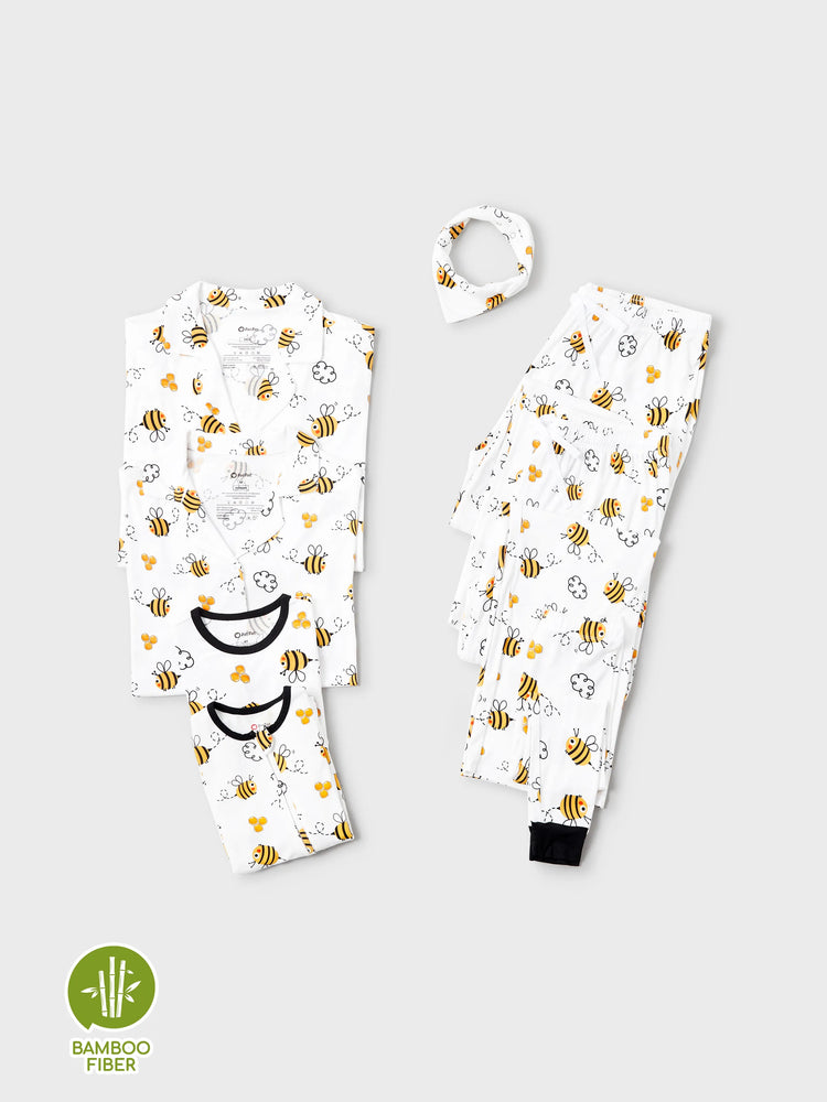 Family Matching Bamboo Pajamas Soft Bamboo Viscose PJs for Men Women Kids Toddler, Cute Bee Print Sleepwear with Short Sleeve Top and Long Pants White