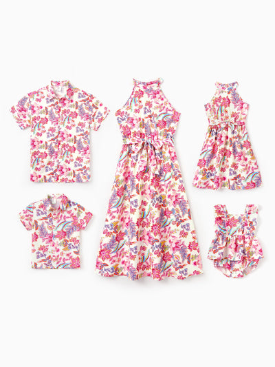 Toddler/Kid Girl Tropical Flora Print Halter Belted Dress for Summer Vacation Beige