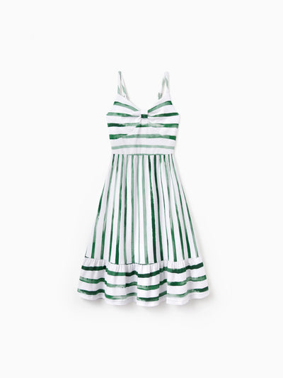 Toddler/Kid Girl Cotton Green Striped Dress, Perfect for Summer Family Outings & Photos Green