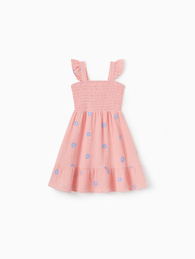 Toddler/Kid Girl Pink Flower Print Smocked Tie-Back Cotton Dress, Perfect for Summer Family Outings & Photos Mauve Pink