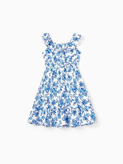 Toddler/Kid Girl Outfits Blue Floral Print Dress, Summer Beach Vacation Coordinates Blue