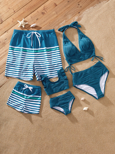 Family Matching Teal Striped Swimsuits Ruched Bikini & Swim Trunks Set Multi-color