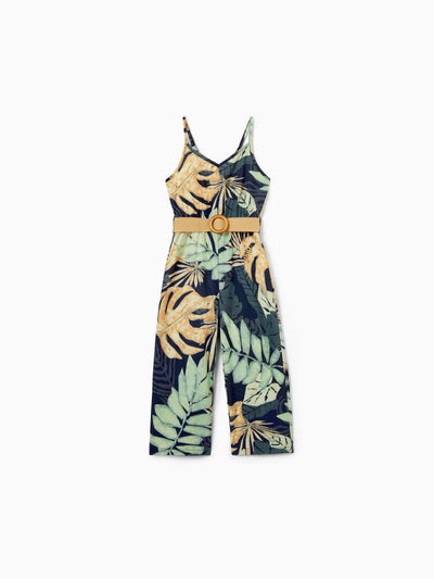 Toddler/Kid Girl Tropical Leaf Print Jumpsuit for Summer Beach Vacation Tibetan Blue