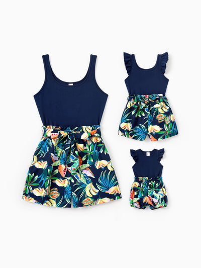 Toddler/Kid Girl Tropical Leaves Print Sleeveless Rompers with Belted Shorts  Deep Blue