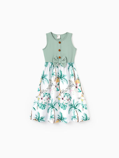 Toddler/Kid Girl Tropical Print Tank Bowknot Dress Green