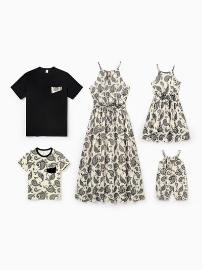 Family Matching Paisley Print Outfits Sleeveless Spaghetti Strap Dress & Cotton T-Shirt for Mom, Dad, & Kids Perfect for Family Outings & Photos
 Black