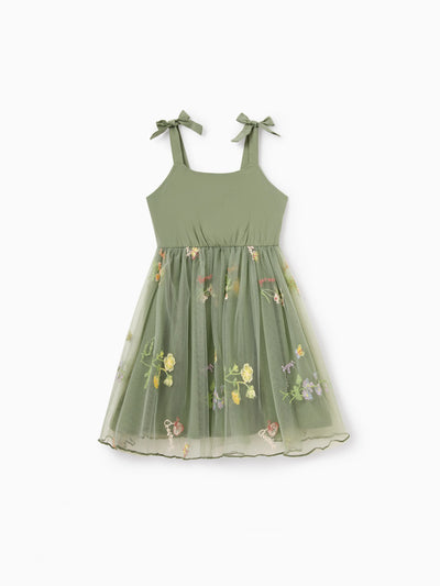 Toddler/Kid Girl Flower  Embroidered  V-neck Strappy Mesh Dress  Green