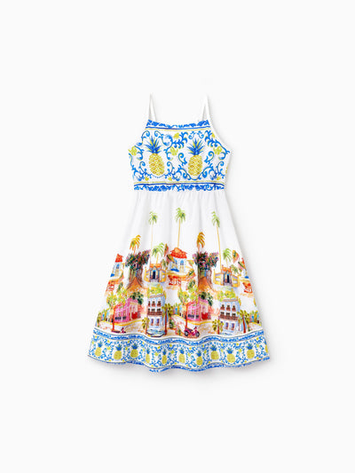 Toddler/Kid Girl Vacation Tropical Pineapple Coconut Tree Print Hollow out Strap Dress for Summer Vacation  White